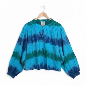 NJ Couture Paris Blue Green Lace Tie-Dye Boho Blouse Balloon Sleeve | One Size